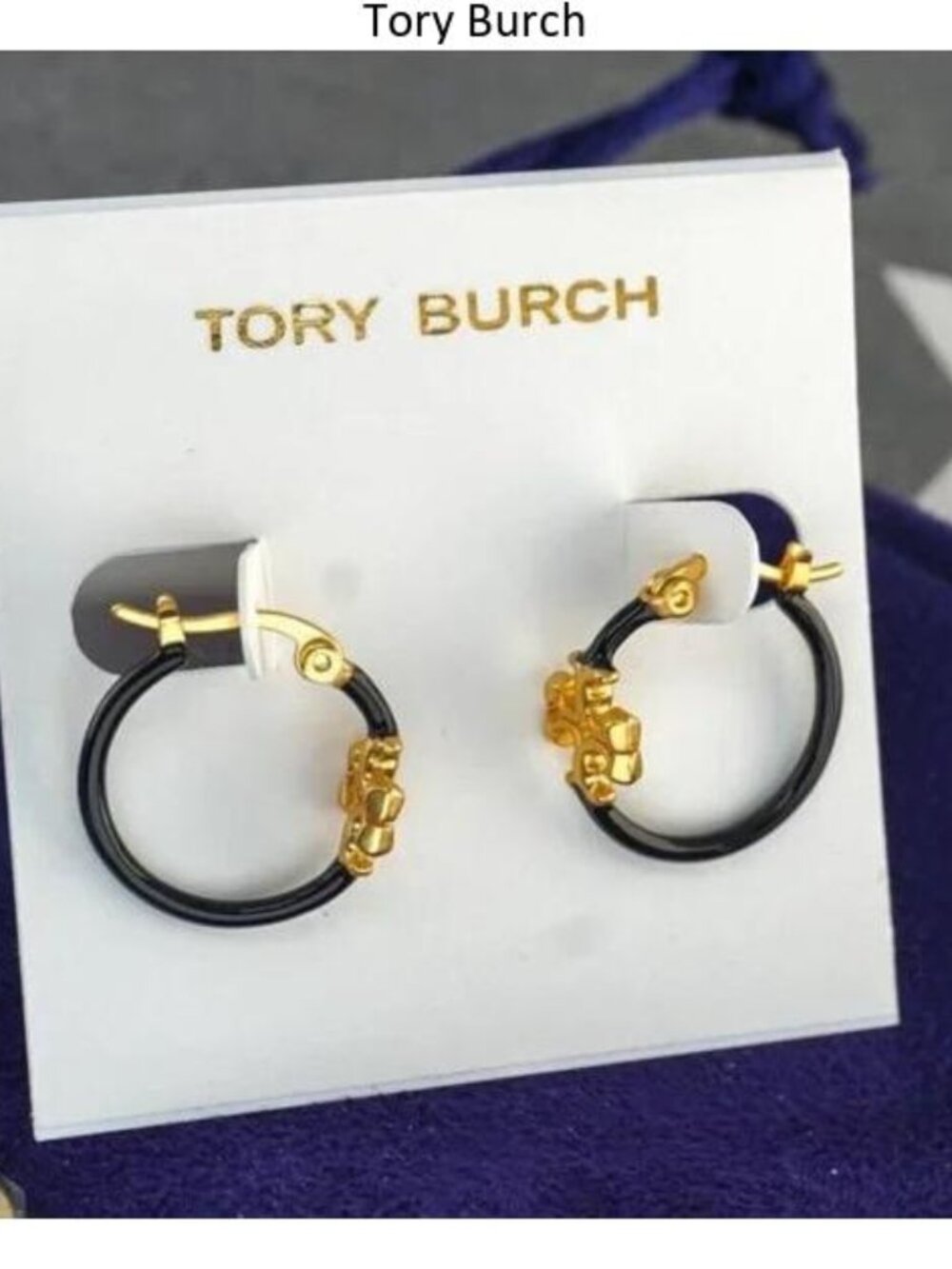 Tory Burch Small Eleanor Hoop Earrings in Black Enamel